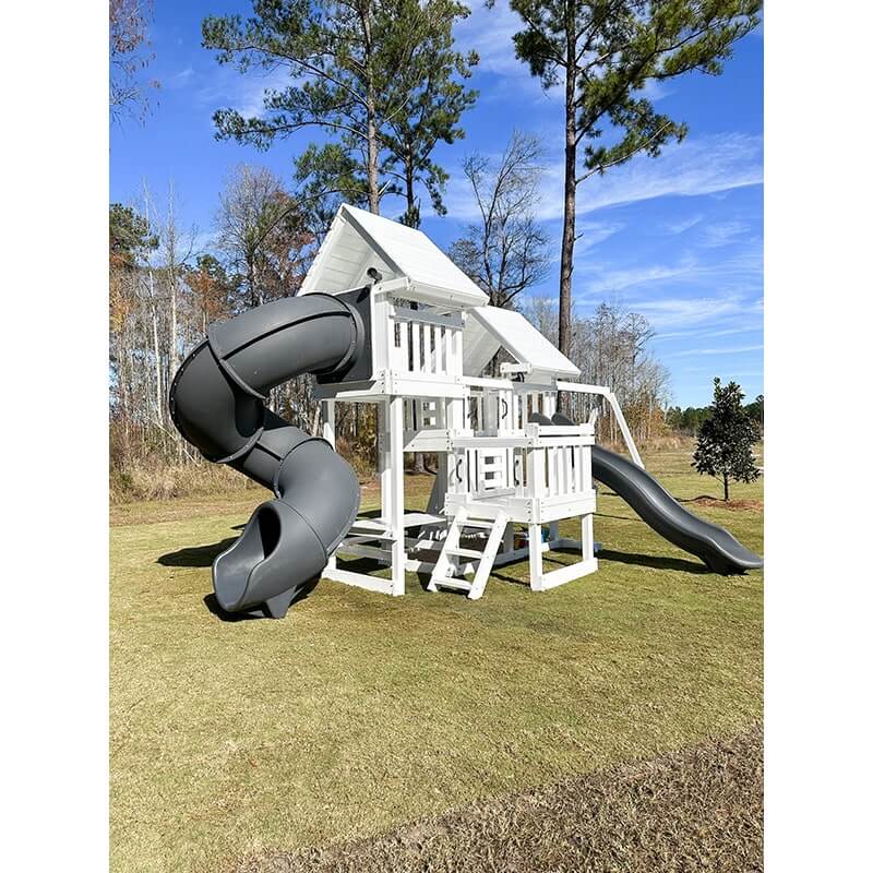 Modern  Monkey Black and White Swing Set in a backyard