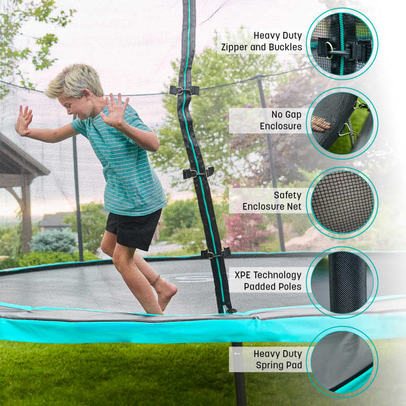 Skywalker Trampoline safety Info with boy jumping