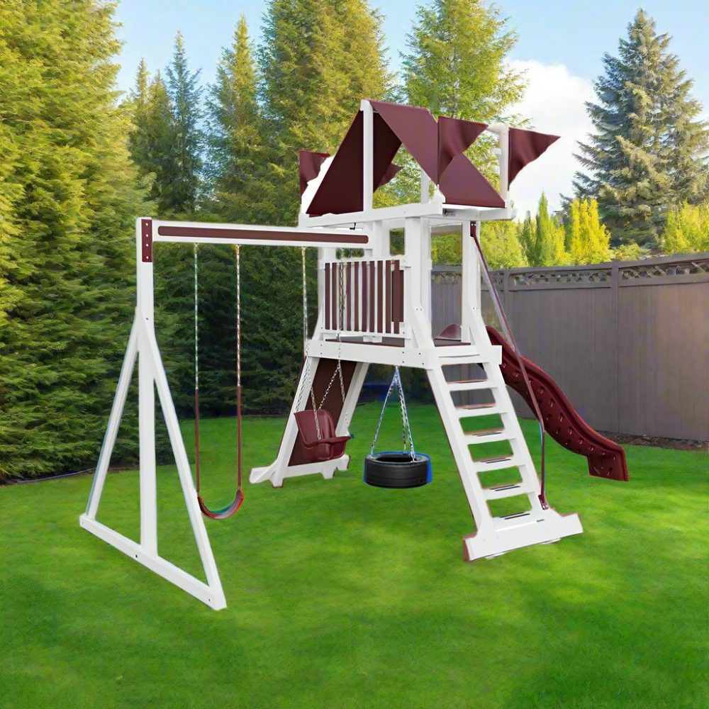 Climber 35 Vinyl Swing Set in a backyard