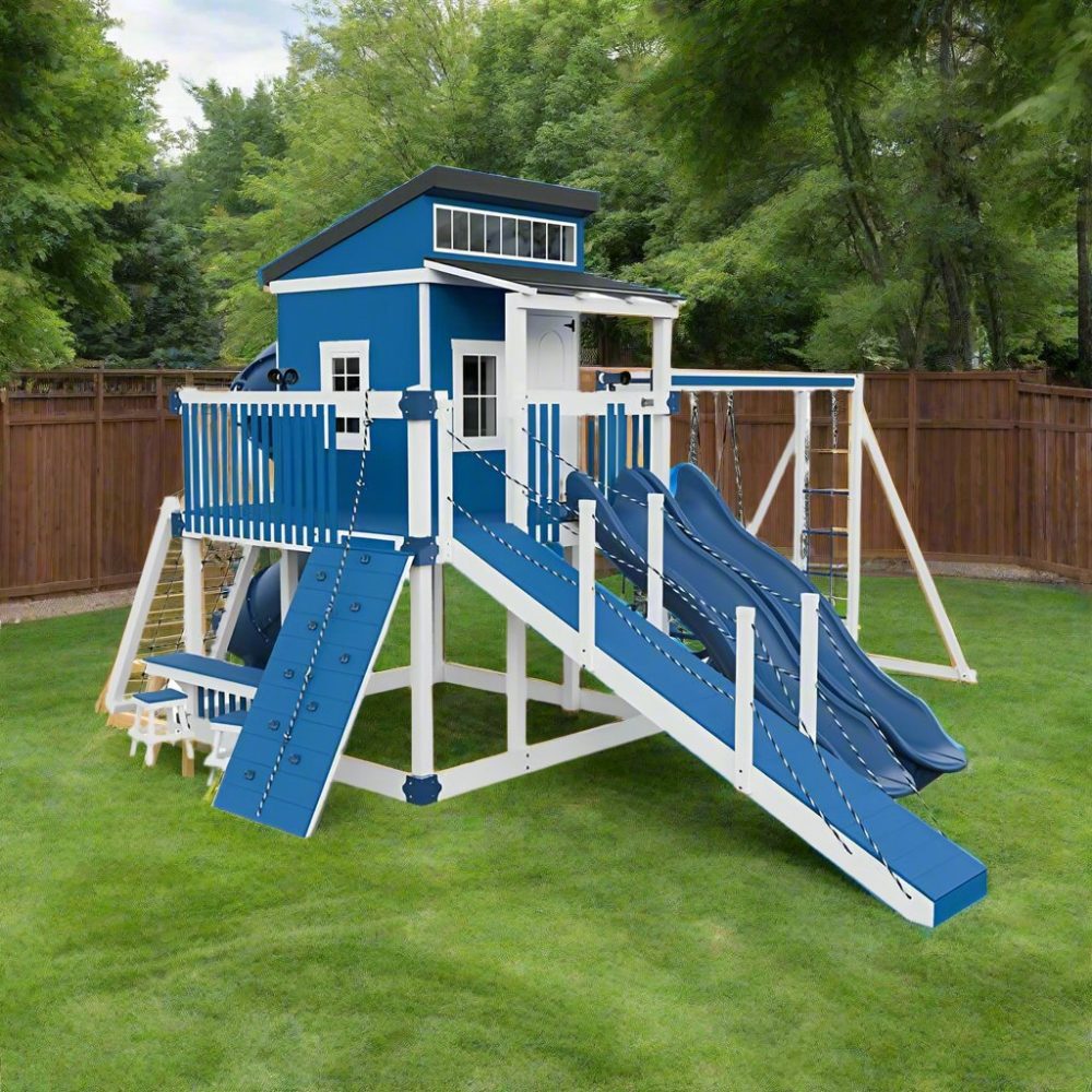 Kingdom Lodge Deluxe Vinyl Playhouse in blue and white