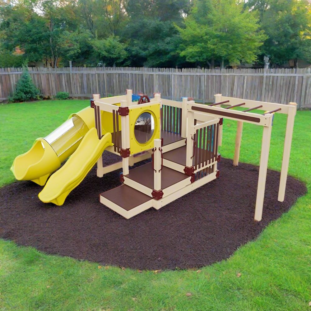 Tiny Island Preschool Playground in almond and yellow on rubber Playground mulch