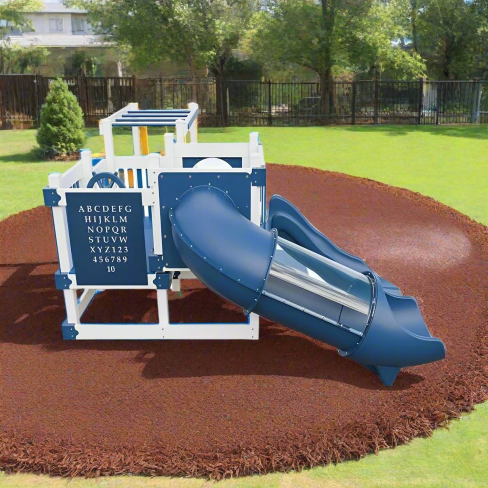 Tiny Island Preschool Playground in blue and white  on rubber Playground mulch