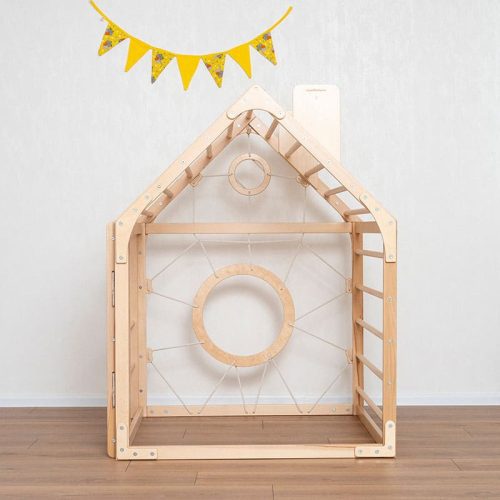 wooden climbing playhouse front view