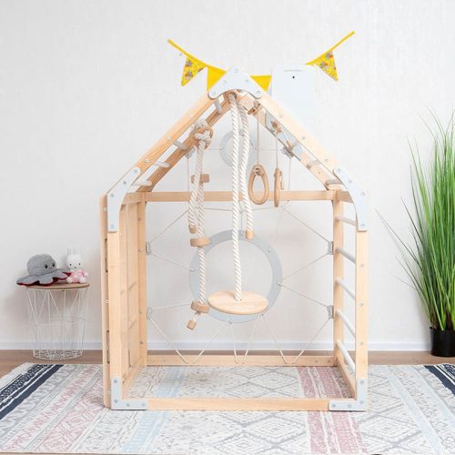 wooden climbing playhouse front view rope hanging