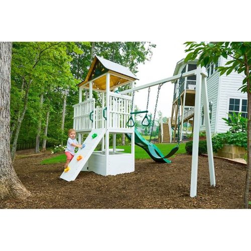 AvenlurCraftsman ModernBackyardOutdoorSwingSetRearSideViewWithKidPlaying