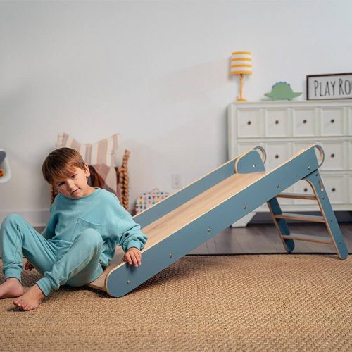 Avenlur Holland- Wooden Folding Slide Side View With A KId Blue