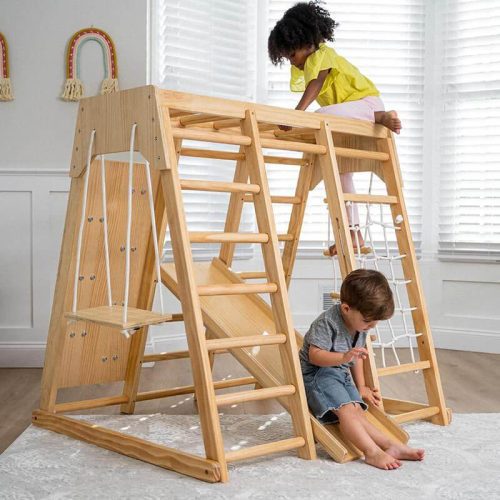 AvenlurMagnolia RealWood7 in 1PlaysetNaturalFrontSideViewShowing2KidsPlaying