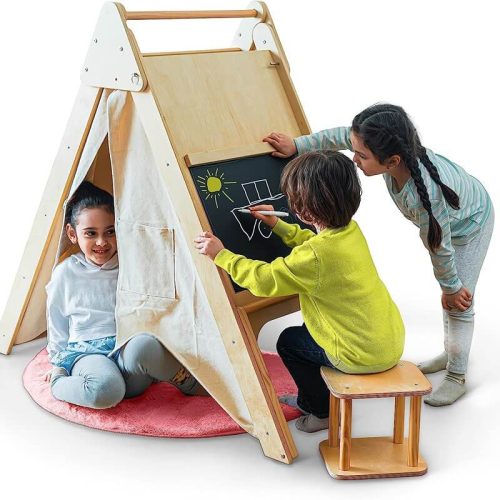 AvenlurOak WoodLearningTentandClimberwithDeskandChairCornerViewShowing3KidsWithActivity