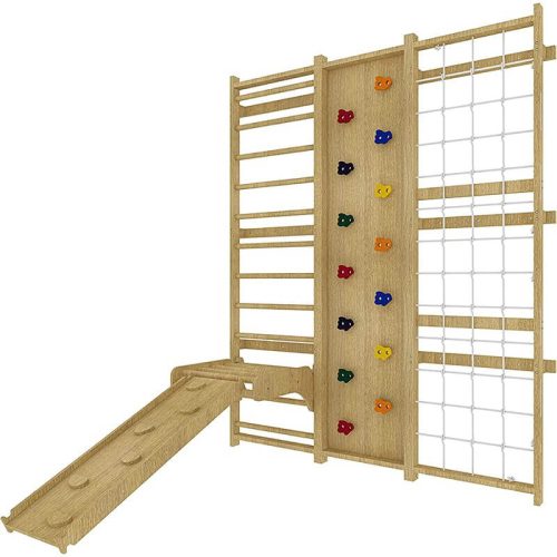 AvenlurWalnut 9 in 1SwedishLadderWallGymSetCornerViewWithSlide