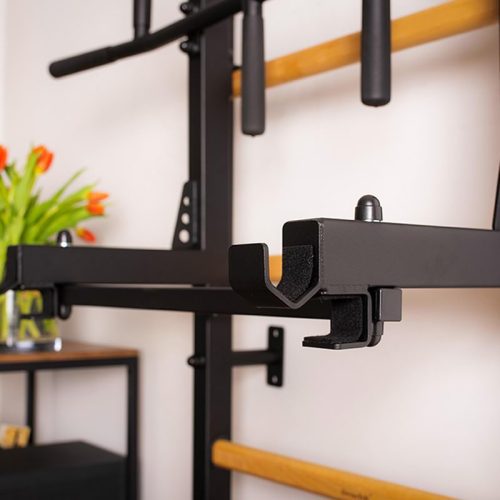 BenchKWallBars733forHomeGymBlackFrontSideViewPullUpBarWallMounted