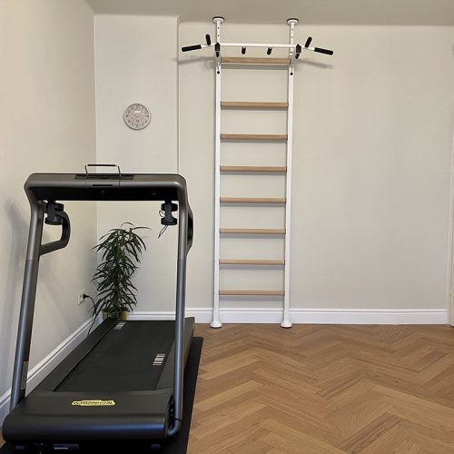 Benchk521WallBarsWhiteFrontViewWithTreadmill