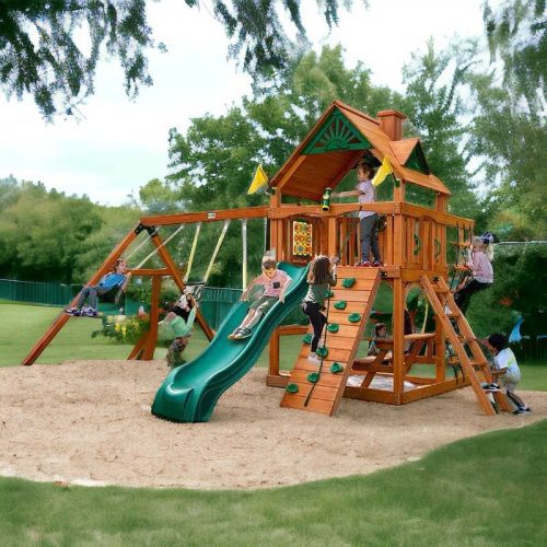 Chateau Wooden Swing Set with kids playing