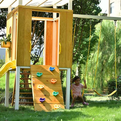 Forest ModernBackyardOutdoorSwingSetinthegrasswithgirlswinging min