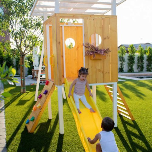 Forest ModernBackyardOutdoorSwingSetwithkidsonslide min