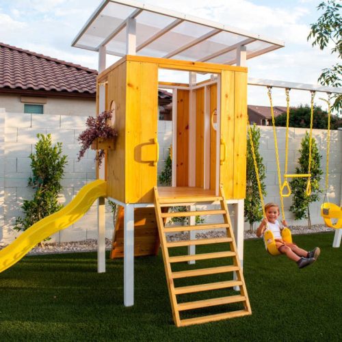 Forest ModernBackyardOutdoorSwingSetwithkidswinging min