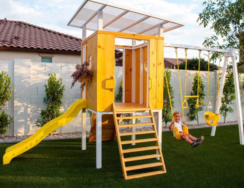 Forest ModernBackyardOutdoorSwingSetwithkidswinging min