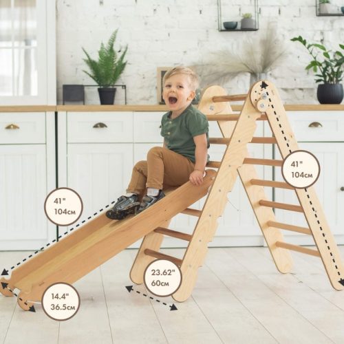 Goodevas2in1MontessoriClimbingSetTriangleLadder SlideBoardRamp BeigeSliding