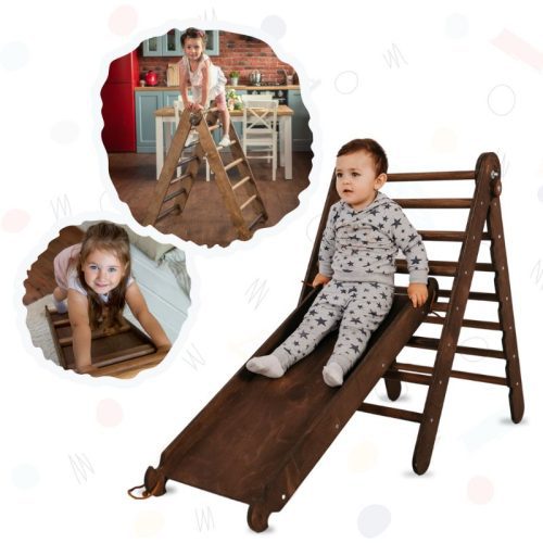 Goodevas2in1MontessoriClimbingSetTriangleLadder SlideBoardRamp Chocolate