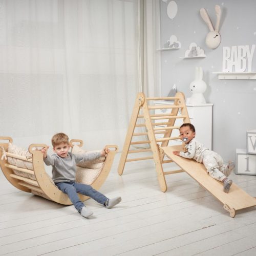 Goodevas3in1MontessoriClimbingSetTriangleLadder WoodenArch SlideBoard BeigeNEW