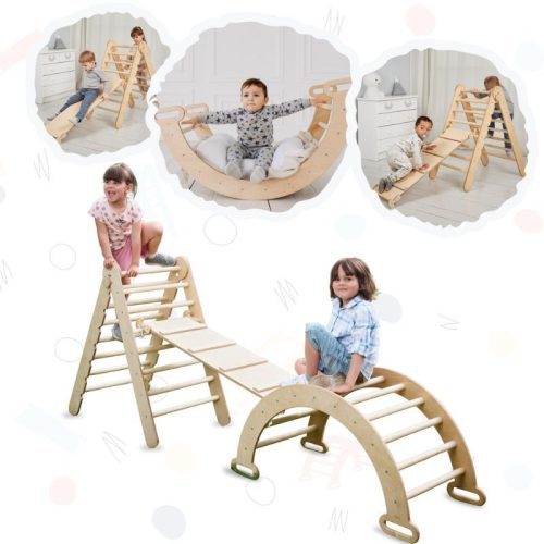 Goodevas3in1MontessoriClimbingSetTriangleLadder WoodenArch SlideBoard BeigeNEW 3