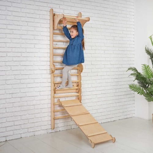 Goodevas5in1 WoodenSwedishWallBarSetforChildrenwithagirlclimbing min 1