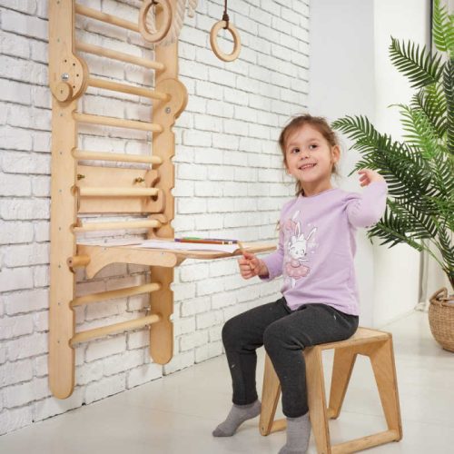 Goodevas5in1 WoodenSwedishWallBarSetforChildrenwithagirldoingherhomework min 1