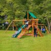 Gorilla Playsets Frontier Swing Set Deluxe Green Vinyl Canopy Corner View With Kids Playing Outdoor