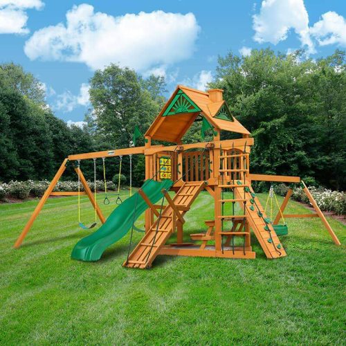 GorillaPlaysetsFrontierSwingSetStandardWoodRoofFrontVIewOutdoor