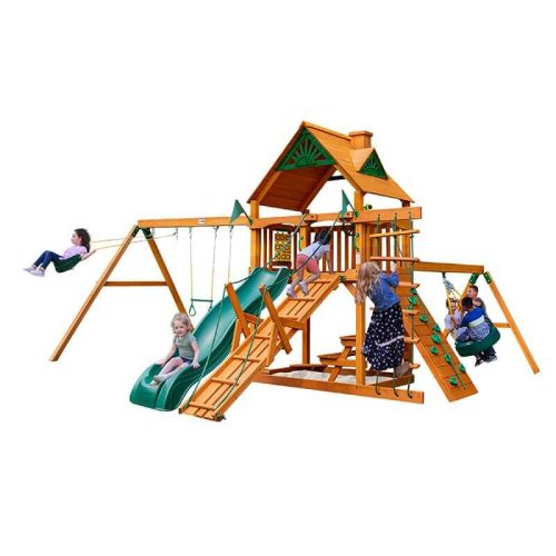 GorillaPlaysetsFrontierSwingSetStandardWoodRoofShowingKidsPlaying