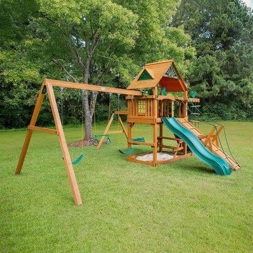 GorillaPlaysetsFrontierSwingSetStandardWoodRoofSideViewOutdoor