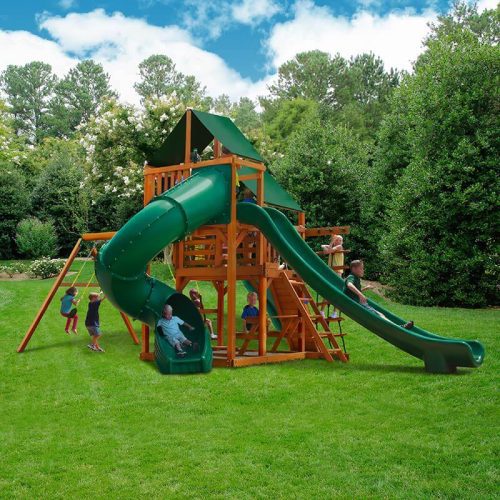 Gorilla Playsets Great Skye II Swing Set Deluxe Green Vinyl Canopy Rear Side View