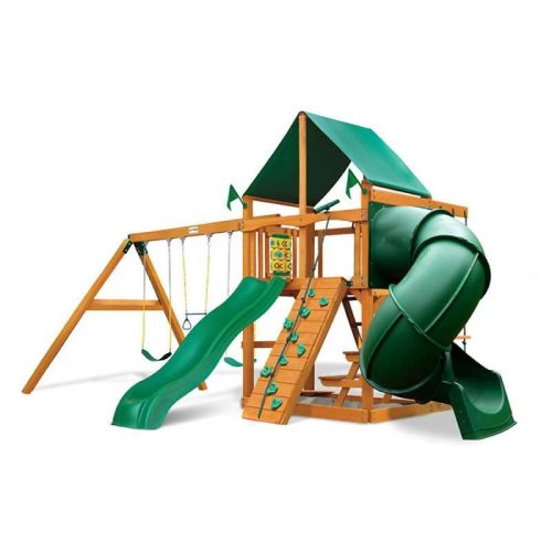 GorillaPlaysetsMountaineerSwingSetDeluxeGreenVinylCanopyCornerView