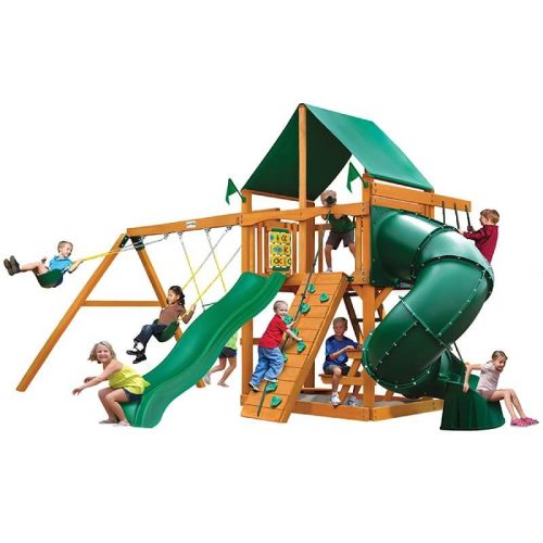 GorillaPlaysetsMountaineerSwingSetDeluxeGreenVinylCanopyCornerViewWithKids