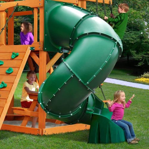 GorillaPlaysetsMountaineerSwingSetSlidingOnATubeSlide