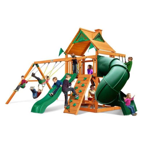 GorillaPlaysetsMountaineerSwingSetStandardWoodRoofCornerViewWithKids