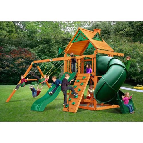 Gorilla Playsets Mountaineer Swing Set Standard Wood Roof Corner View With Kids Outdoor