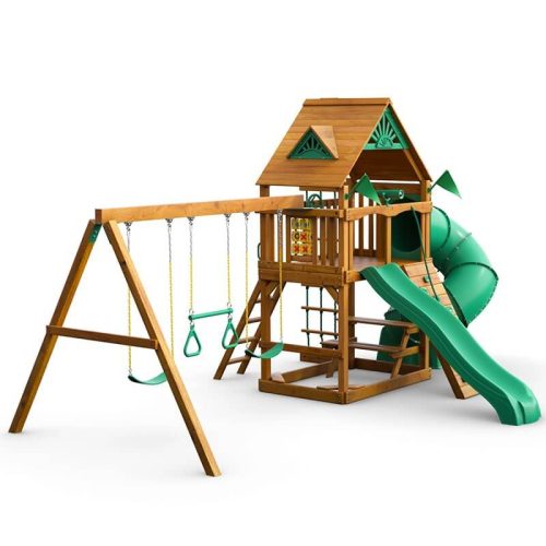 GorillaPlaysetsMountaineerSwingSetStandardWoodRoofFrontRightSideView