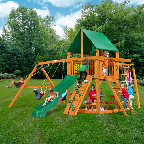 Gorilla Playsets Navigator Swing Set Deluxe Green Vinyl Canopy Corner View With Kids Outdoor