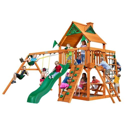 GorillaPlaysetsNavigatorSwingSetStandardWoodRoofCornerViewWithKids