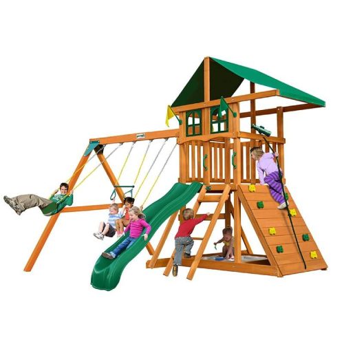 GorillaPlaysetsOutingDeluxeGreenVinylCanopyandTreehouseCornerViewWithKids