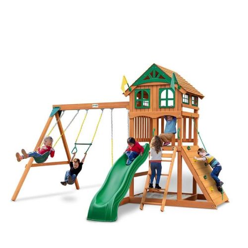 GorillaPlaysetsOutingStandardWoodRoofCornerViewWithKids