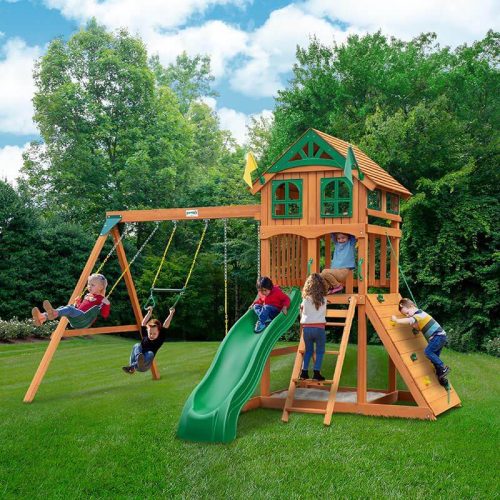 Gorilla Playsets Outing Standard Wood Roof Corner View With Kids Outdoor