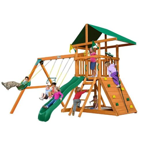 GorillaPlaysetsOutingSwingSetDeluxeGreenVinylCanopyCornerViewWithKids