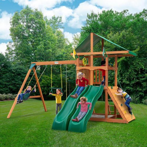 Gorilla Playsets Outing with Double Slides Deluxe Green Vinyl Canopy Corner View With Kids Outdoor