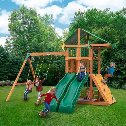 Gorilla Playsets Outing with Double Slides Deluxe Green Vinyl Canopy and Treehouse Corner View Outdoor