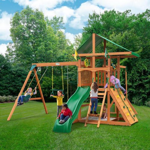 Gorilla Playsets Outing with Monkey Bars Deluxe Green Vinyl Canopy Corner View With Kids Outdoor