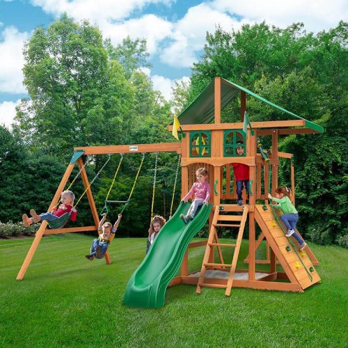 GorillaPlaysetsOutingwithMonkeyBarsDeluxeGreenVinylCanopyandTreehouseCornerViewOutdoor