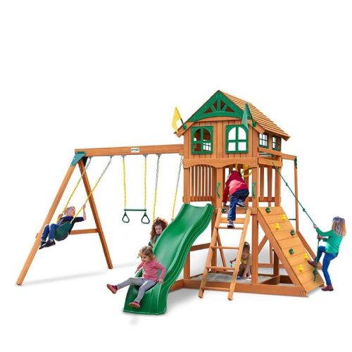 GorillaPlaysetsOutingwithMonkeyBarsStandardWoodRoofCornerViewWithKids