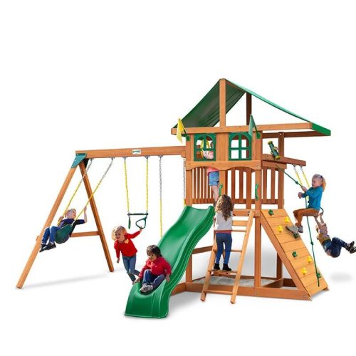 GorillaPlaysetsOutingwithTrapezeArmDeluxeGreenVinylCanopyandTreehouseCornerViewWithKids