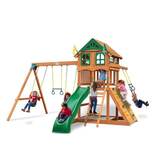 GorillaPlaysetsOutingwithTrapezeArmStandardWoodRoofCornerViewWithKids